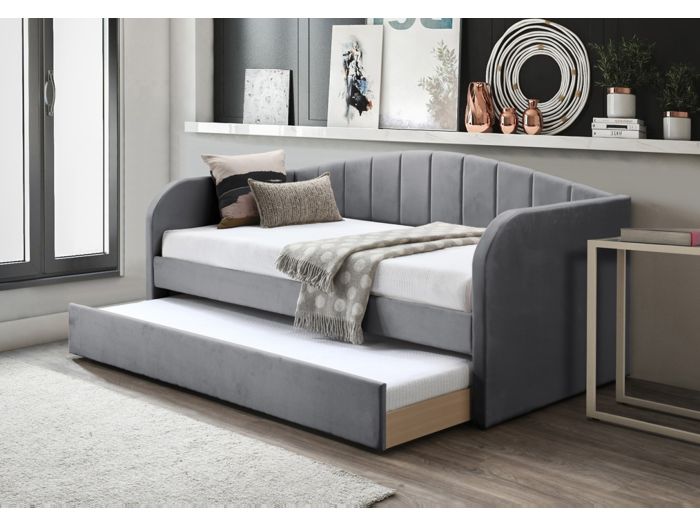 Grey velvet daybed with pull-out trundle, modern design by Flintshire Furniture