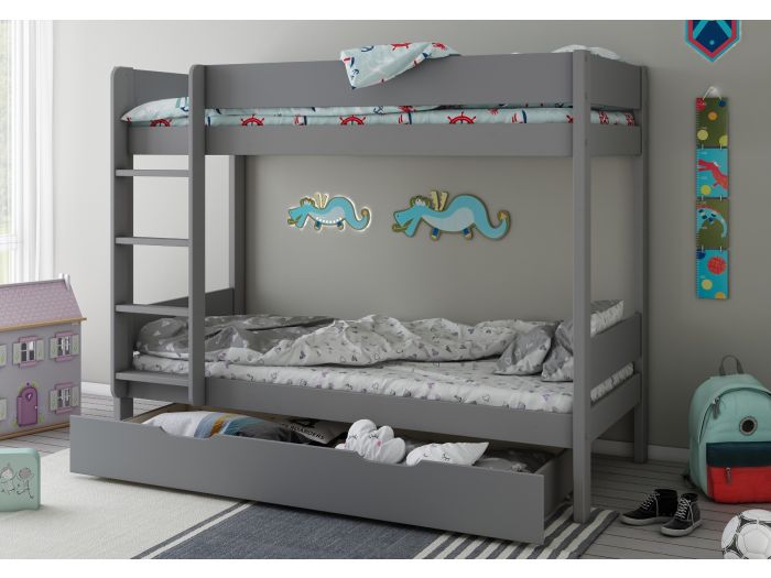 Contemporary grey bunk bed with pull out drawer. Reversible ladder and compact design.