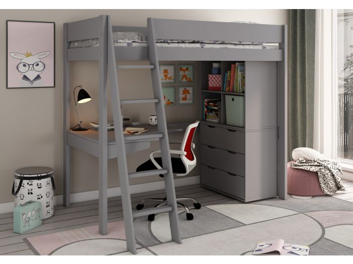 Modern grey high sleeper with corner desk, drawer chest and cube storage unit.