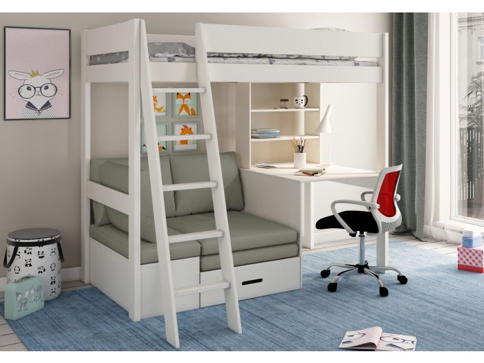 Contemporary white high sleeper bed with a desk, pull out futon and shelving