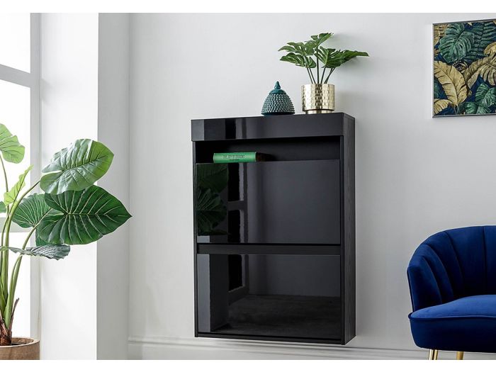 GFW Galicia Wall Hanging Two Tier Shoe Cabinet with two pull down drawers and a shelf with blue led down lights high gloss finish in black grey or white