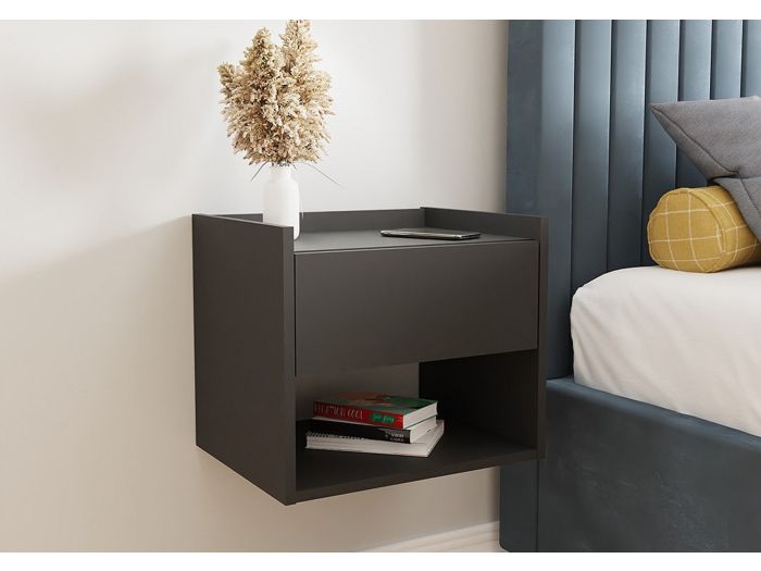 GFW Harmony Wall Mounted Pair of Bedside Tables with one drawer and open shelf in anthracite white or oak modern styling