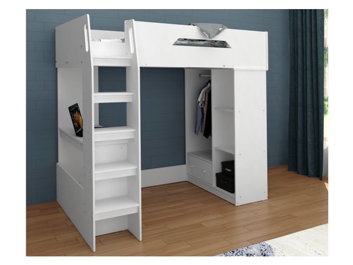 Modern white high sleeper bed with open shelves, hanging rail and a drawer beneath and workstation under the sleeping area.