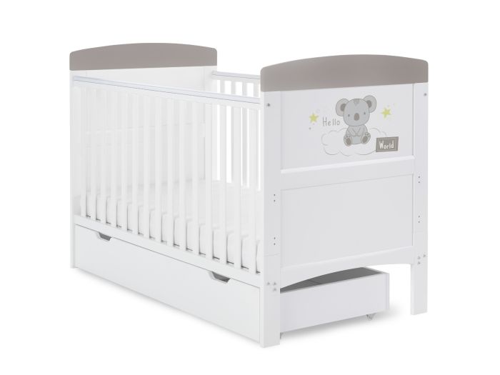 Obaby Grace Inspire Cot Bed & Under Drawer - Hello World Koala Grey
