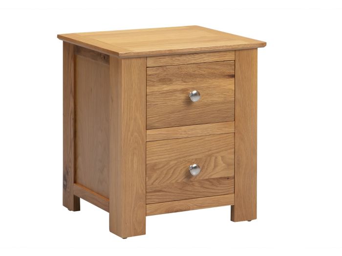 A beautiful solid oak bedside cabinet with 2 drawers and chrome handles.