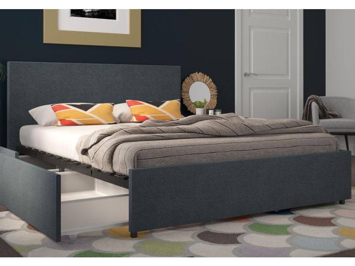 Novogratz Kelly Linen Storage Bed Frame available in single double and king and navy or dark grey storage drawers sprung slatted base