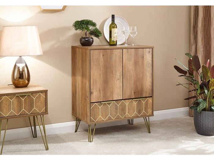 GFW Orleans Wine Cabinet retro-style double cupboard one drawer mango effect finish geometric pattern mid century hairpin legs