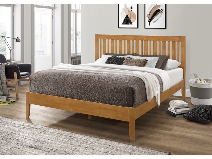 Contemporary wooden bed frame with a modern slatted headboard and tapered legs