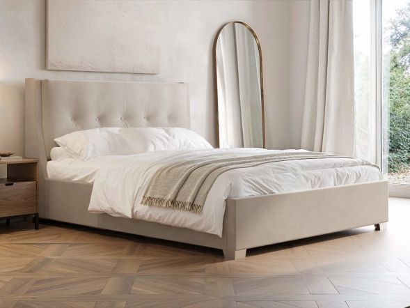 Flair Artemis Beige Velvet Cushioned Headboard Ottoman Bed