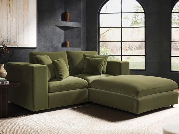 Solace+Co Asher 3 Seater with Footstool Khaki Green Velvet