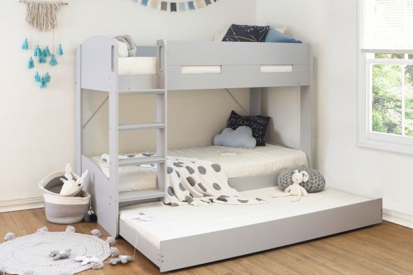 Modern grey bunk bed with a pull out trundle drawer. Integrated ladder with deep treads and grab handles.