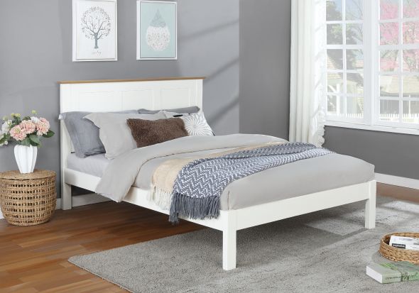 Classic style white painted wooden bed frame with a solid light oak headboard plinth. Low foot end. Panelled headboard.