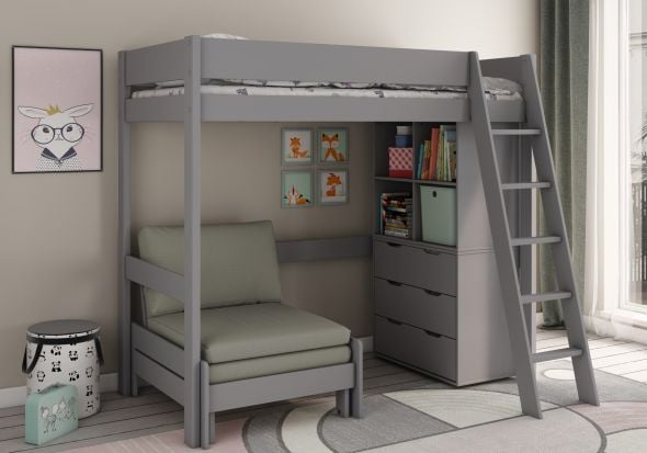 Modern, grey high sleeper bed with sofabed, 3 drawer chest and cube storage unit.