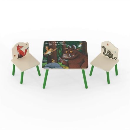 Children's Gruffalo themed table and 2 chair set with Brightly coloured images of the Gruffalo, owl fox, mouse and snake