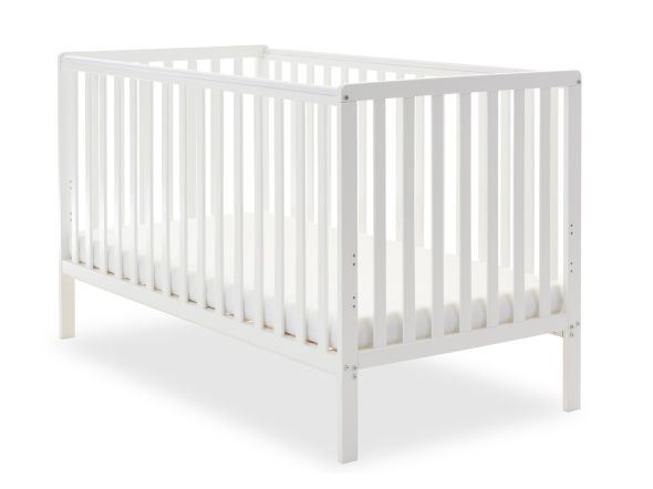 White wooden cot bed with open slat design and teething rails.