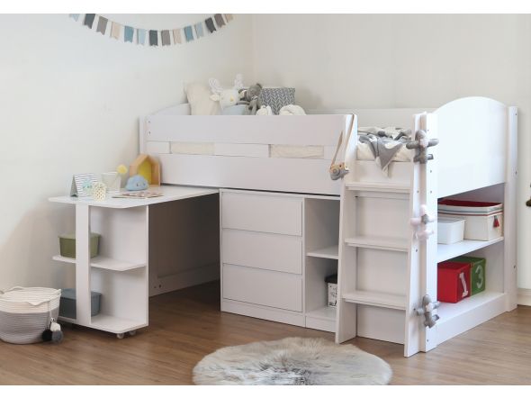 White, modern mid sleeper bed with 3 drawers, pull out desk and three sets of shelves. Compact design.