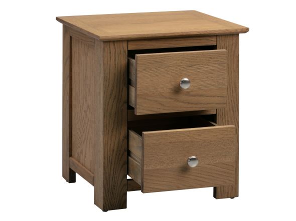 Modern 2 drawer wooden bedside with a smoked oak finish and chrome handles.