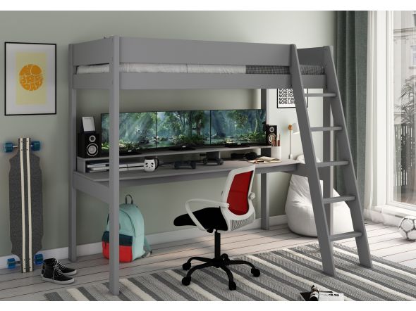 Contemporary grey high sleeper with a large gaming area beneath.