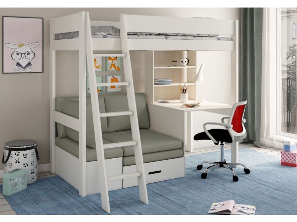 Contemporary white high sleeper bed with a desk, pull out futon and shelving