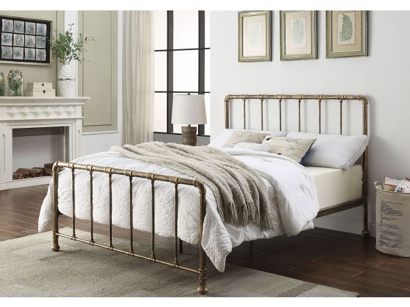 Industrial style metal bed frame with a distressed antique bronze finish. Has pipe joint detailing to the headboard and foot end.