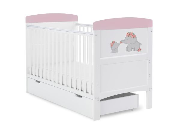 Obaby Grace Inspire Cot Bed & Under Drawer - Me & Mini Me Elephants - Pink
