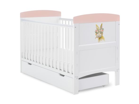 Obaby Grace Inspire Cot Bed & Under Drawer - Watercolour Rabbit Pink
